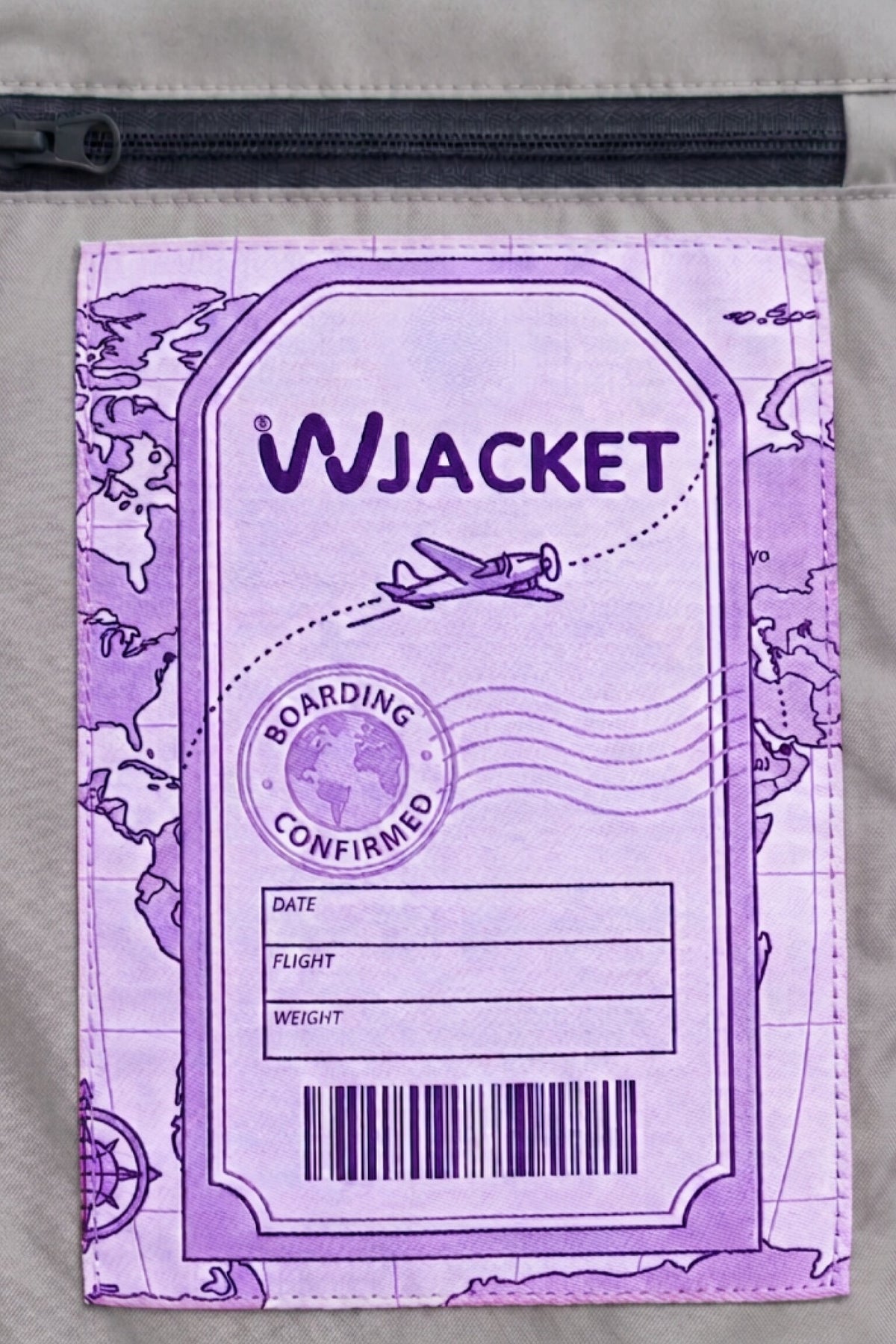 A purple boarding pass design labeled “Icon Milano Windbreaker Rain Jacket” is printed on fabric with a map in the background, making this longline rain jacket both stylish and functional. The ticket includes sections for date, flight, weight, and features a barcode and an airplane illustration—perfect details for this water-resistant women’s coat inspired by the spirit of travel.