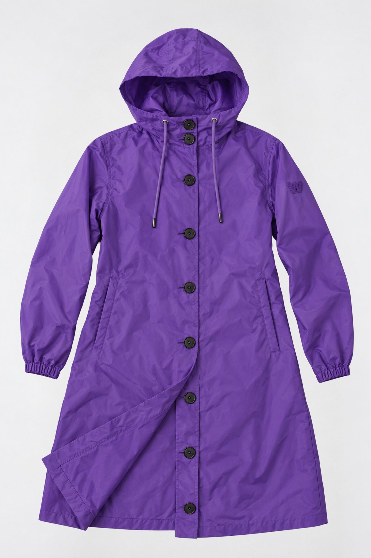 A long, hooded purple Icon Milano Windbreaker Rain Jacket featuring black buttons, an adjustable drawstring at the hood, two side pockets, and elastic cuffs; this stylish water-resistant jacket is displayed against a plain white background.
