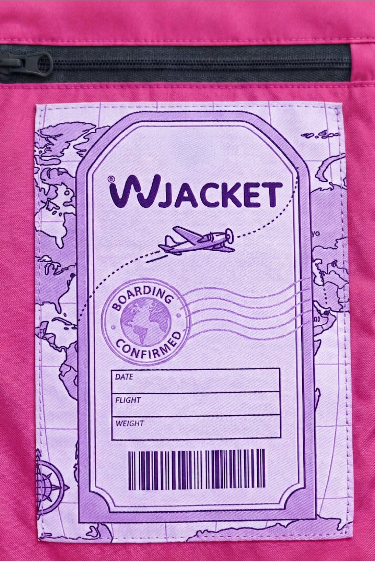 Featuring a pink background, the Icon Milano Windbreaker Rain Jacket showcases a pocket adorned with a purple boarding pass graphic labeled “WJACKET,” complete with globe, airplane, barcode, and marked spaces for date, flight, and weight. A subtle map fades behind the print—capturing the adventurous spirit that defines this Italian-designed women’s outerwear.
