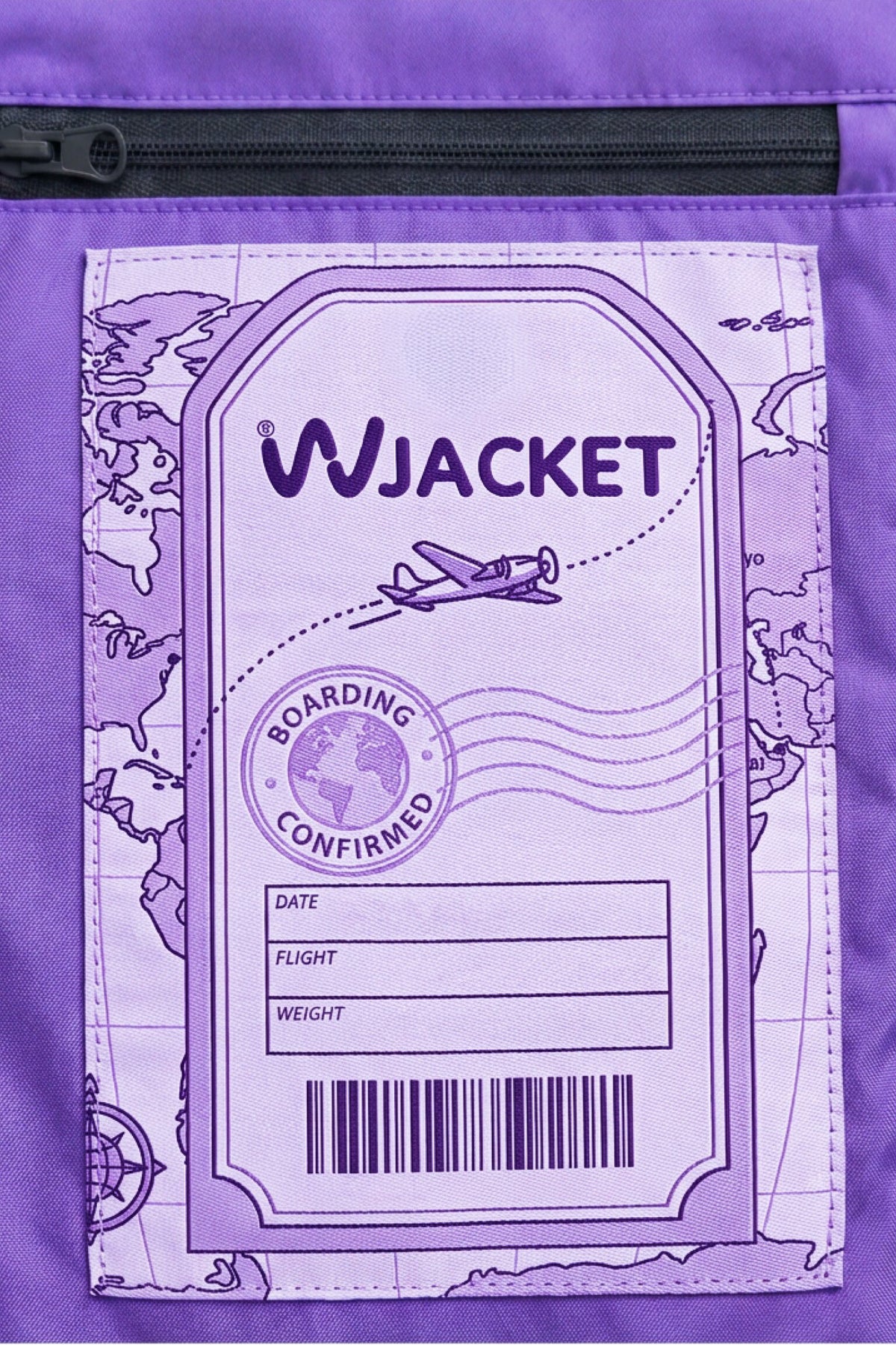 A purple fabric patch features the word “WJACKET,” a drawing of an airplane, a boarding pass design with blank fields for date, flight, and weight, a barcode, and a faint world map in the background—perfect for accenting your favorite Icon Milano Windbreaker Rain Jacket.